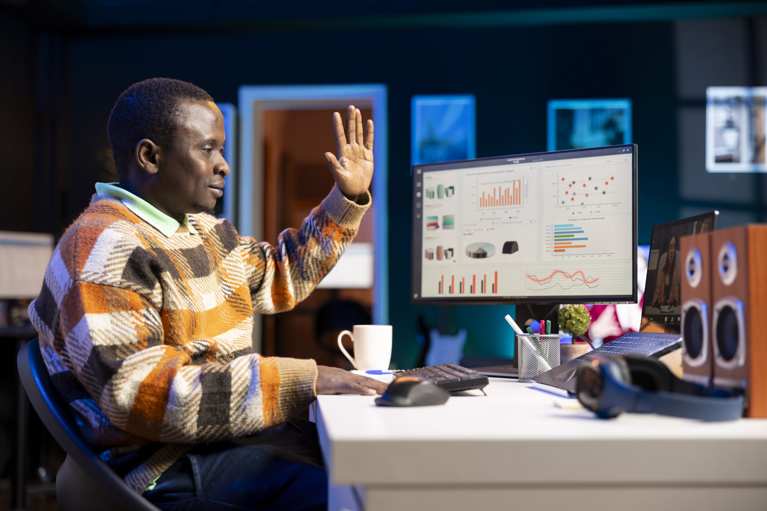 African american man talking on video call using personal computer